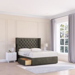 "Sloomy Dior Dumfries Wingback Bed Set, 2 Drawers & 54"" Floor Standing Headboard in Dark Grey - Size: Super King" - thumbnail 1