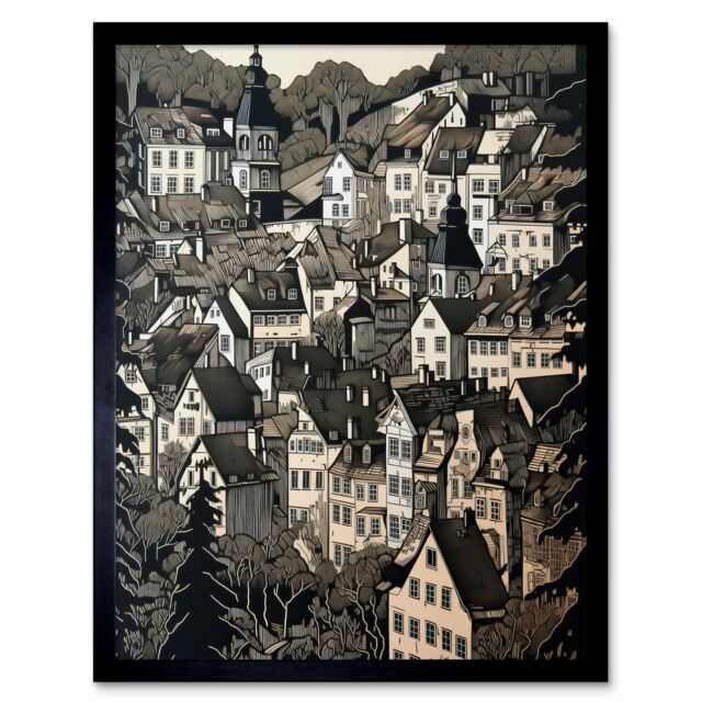 "Artery8 Wall Art Print Black Forest City Baden Monochrome Cityscape Art Framed - Size: W12"" x H16""" - image 1