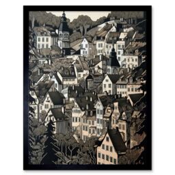 "Artery8 Wall Art Print Black Forest City Baden Monochrome Cityscape Art Framed - Size: W12"" x H16""" - thumbnail 1