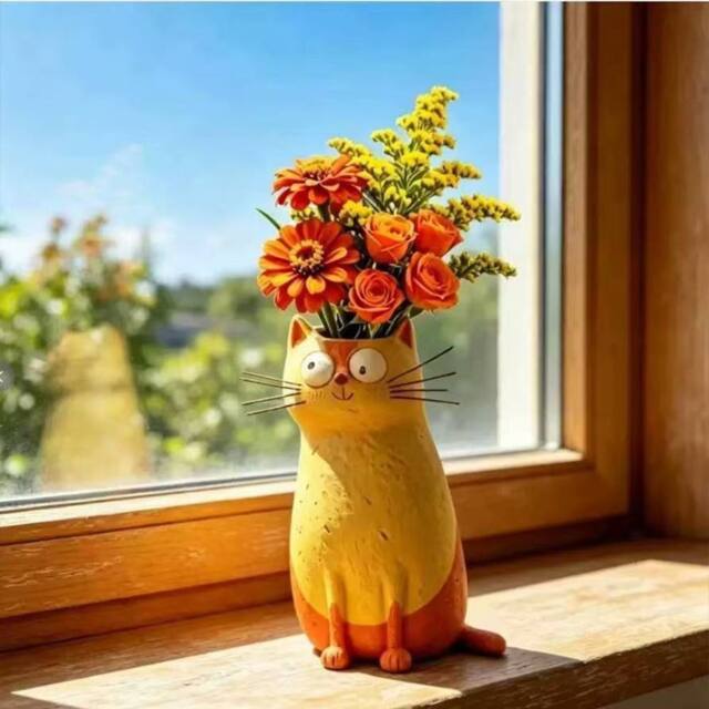 Quipulse Cute Resin Cat Shaped Decorative Vase Ornament in Yellow - image 1