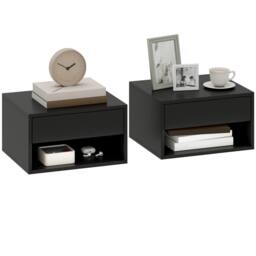 HOMCOM Floating Nightstands Set of 2, Bedside Table w/ Drawer & Open Shelf in Black - thumbnail 2