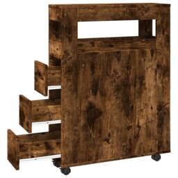 Berkfield Home Narrow Bathroom Cabinet with Wheels Smoked Oak Engineered Wood in Brown - thumbnail 7