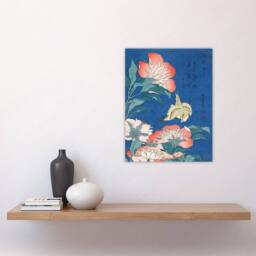 "Artery8 Canary & Peony Flowers Japan Wall Art Print Katsushika Hokusai in Blue - Size: W18"" x H24""" - thumbnail 4