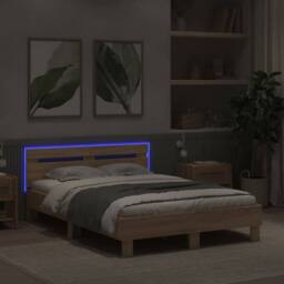 Berkfield Home Bed Frame with LED without Mattress Sonoma Oak 135x190 cm Double in Natural - thumbnail 4