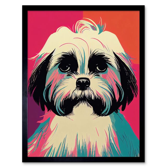 "Artery8 Wall Art Print Modern Cute Shih Tzu Dog Vibrant Bright Portrait in Pink Blue Orange Cream Art Framed in Black - Size: W12"" x H16""" - image 1
