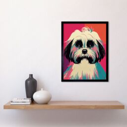"Artery8 Wall Art Print Modern Cute Shih Tzu Dog Vibrant Bright Portrait in Pink Blue Orange Cream Art Framed in Black - Size: W12"" x H16""" - thumbnail 2