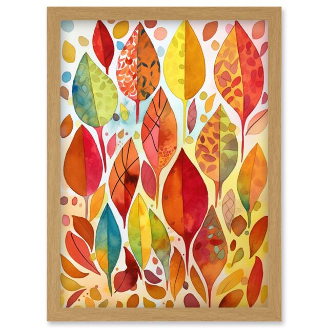 Artery8 Autumn Leaves With Multicoloured Patterns Folk Art Watercolour Painting Artwork Framed Wall Art Print A4 in Light Oak - image 1