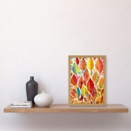 Artery8 Autumn Leaves With Multicoloured Patterns Folk Art Watercolour Painting Artwork Framed Wall Art Print A4 in Light Oak - thumbnail 2