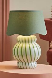 ValueLights Taffy Stripe Green Glass Table Lamp with Sage Scalloped Lamp Shade in Pale Green