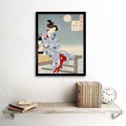 "Artery8 Chikanobu Japanese Geisha Pier Moon Home Decor 12x16"" Framed Art Print in Blue - Size: W12"" x H16""" - thumbnail 2