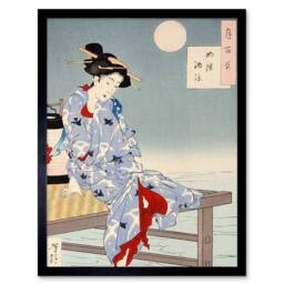 "Artery8 Chikanobu Japanese Geisha Pier Moon Home Decor 12x16"" Framed Art Print in Blue - Size: W12"" x H16""" - thumbnail 1