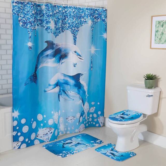 Coopers of Stortford 4-Piece Dolphin Bathroom Set with Shower Curtain, Mats & Lid Cover in Blue - image 1
