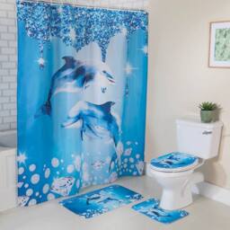 Coopers of Stortford 4-Piece Dolphin Bathroom Set with Shower Curtain, Mats & Lid Cover in Blue