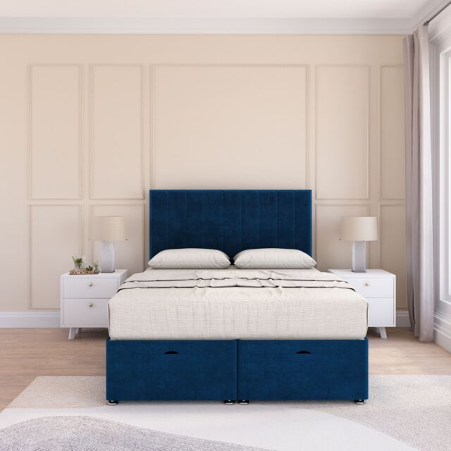 Sloomy Kansas Plush Fabric Ottoman Bed End Opening With Sprung Memory Mattress & 26 Inch Headboard in Navy - Size: Double - image 1