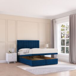 Sloomy Kansas Plush Fabric Ottoman Bed End Opening With Sprung Memory Mattress & 26 Inch Headboard in Navy - Size: Double - thumbnail 2