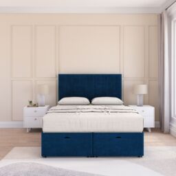 Sloomy Kansas Plush Fabric Ottoman Bed End Opening With Sprung Memory Mattress & 26 Inch Headboard in Navy - Size: Double - thumbnail 1