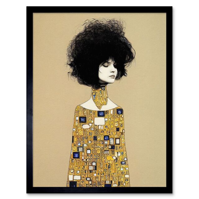 "Artery8 Wall Art Print Klimt Style Retro Boho Afro Hair Abstract Gold Dress Art Framed in Black - Size: W12"" x H16""" - image 1