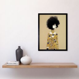 "Artery8 Wall Art Print Klimt Style Retro Boho Afro Hair Abstract Gold Dress Art Framed in Black - Size: W12"" x H16""" - thumbnail 2