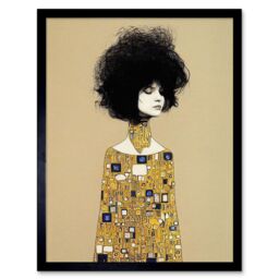 "Artery8 Wall Art Print Klimt Style Retro Boho Afro Hair Abstract Gold Dress Art Framed in Black - Size: W12"" x H16""" - thumbnail 1