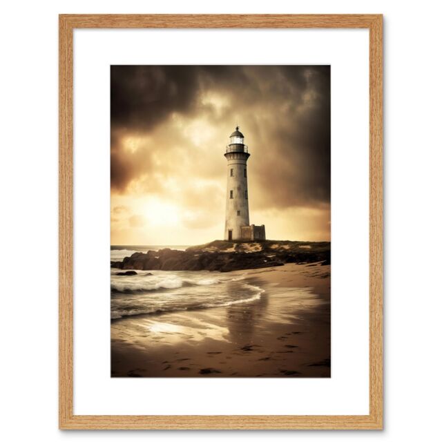 "Artery8 Wall Art Print Atmospheric Lighthouse Photo Beach Sepia Photograph Atmospheric Sunset Seascape Artwork Framed 9X7 Inch - Size: W7"" x H9""" - image 1