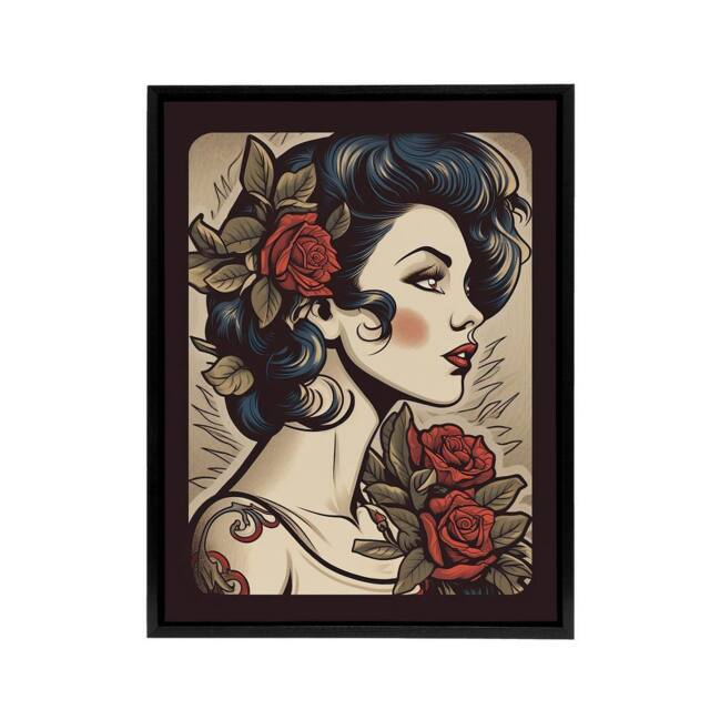 "Artery8 Pin Up Floral Rockabilly Tattoo Style Framed Canvas Wall Art Print in Red - Size: W24"" x H32""" - image 1