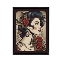 "Artery8 Pin Up Floral Rockabilly Tattoo Style Framed Canvas Wall Art Print in Red - Size: W24"" x H32""" - thumbnail 1