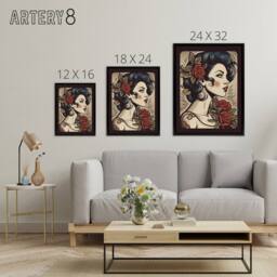 "Artery8 Pin Up Floral Rockabilly Tattoo Style Framed Canvas Wall Art Print in Red - Size: W24"" x H32""" - thumbnail 4