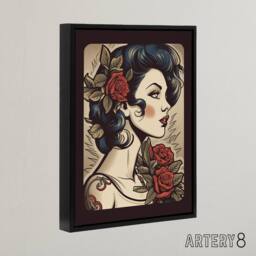 "Artery8 Pin Up Floral Rockabilly Tattoo Style Framed Canvas Wall Art Print in Red - Size: W24"" x H32""" - thumbnail 2