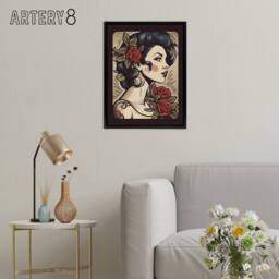 "Artery8 Pin Up Floral Rockabilly Tattoo Style Framed Canvas Wall Art Print in Red - Size: W24"" x H32""" - thumbnail 3