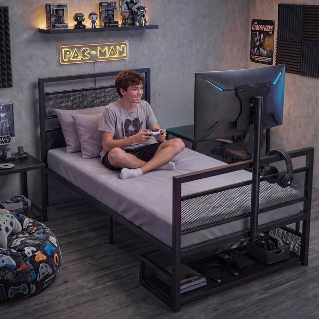 Levede Single Bed Frame, Gaming Bed, TV Bed, 360° Rotating Mount, Metal, Black - image 1