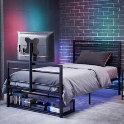 Levede Single Bed Frame, Gaming Bed, TV Bed, 360° Rotating Mount, Metal, Black - thumbnail 3