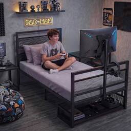 Levede Single Bed Frame, Gaming Bed, TV Bed, 360° Rotating Mount, Metal, Black - thumbnail 1