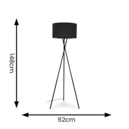 ValueLights Camden Black Metal Tripod Floor Lamp with Drum Lamp Shade & LED Bulb in Charcoal - thumbnail 4