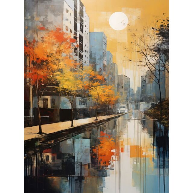 "Artery8 Wall Art Print Cityscape River Canal Oil Painting Blue Orange Trees Autumn in the City Poster - Size: W24"" x H32""" - image 1