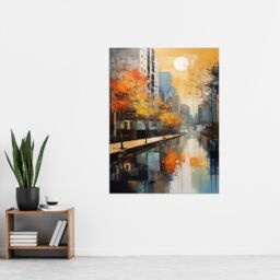 "Artery8 Wall Art Print Cityscape River Canal Oil Painting Blue Orange Trees Autumn in the City Poster - Size: W24"" x H32""" - thumbnail 2