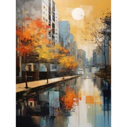 "Artery8 Wall Art Print Cityscape River Canal Oil Painting Blue Orange Trees Autumn in the City Poster - Size: W24"" x H32""" - thumbnail 1