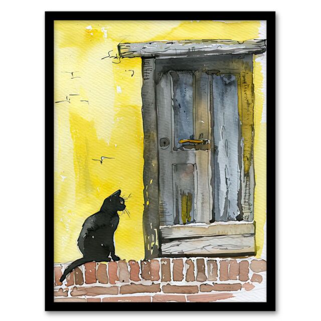 Artery8 Black Cat Lover Village House Door Watercolour Framed Wall Art in Yellow - Size: A4 - image 1