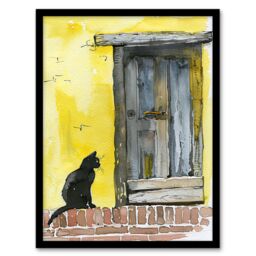 Artery8 Black Cat Lover Village House Door Watercolour Framed Wall Art in Yellow - Size: A4 - thumbnail 1
