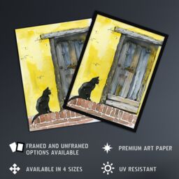 Artery8 Black Cat Lover Village House Door Watercolour Framed Wall Art in Yellow - Size: A4 - thumbnail 2