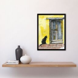 Artery8 Black Cat Lover Village House Door Watercolour Framed Wall Art in Yellow - Size: A4 - thumbnail 4