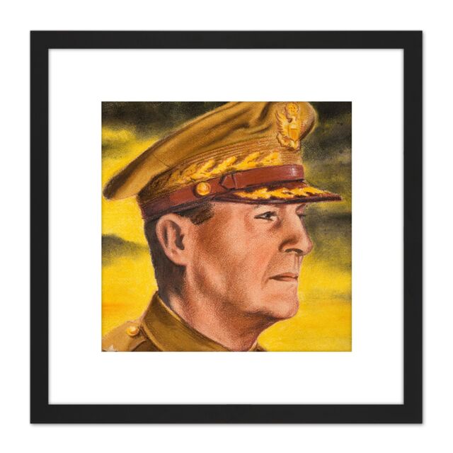 Artery8 Timym Portrait US General Douglas MacArthur Painting 8X8 Inch Square Wooden Framed Wall Art Print Picture with Mount in Black - image 1