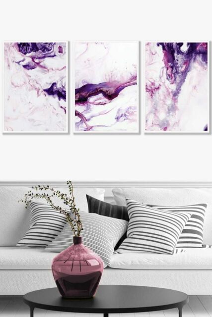 ARTZE Set of 3 White Framed Purple Pink Abstract Ocean Waves Wall Art - Size: W33 cm x H45 cm x D20mm - image 1
