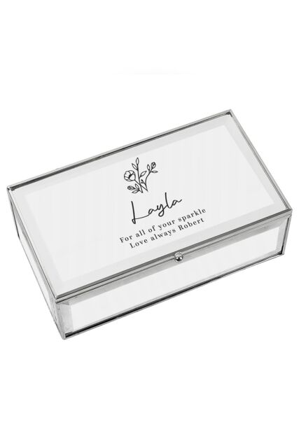 Personalised Memento Company Women's Personalised Floral Mirrored Jewellery Box in Metallic Silver - image 1