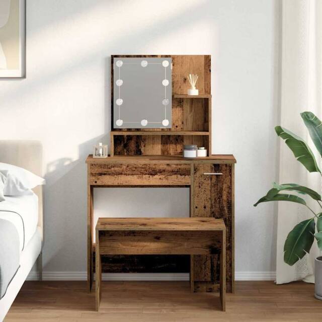 Berkfield Home Beautiful Dressing Table Set with LED Old Wood Engineered Wood in Brown - image 1