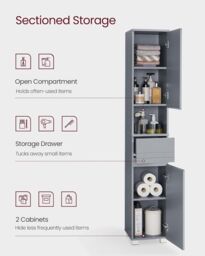 VASAGLE Tall Narrow Bathroom Cabinet with Drawer & Shelves in Grey - thumbnail 3