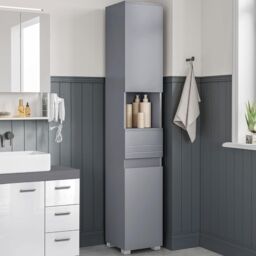 VASAGLE Tall Narrow Bathroom Cabinet with Drawer & Shelves in Grey - thumbnail 1