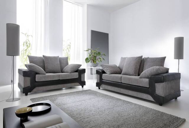 SquareBoxx Luca 3+2 Grey Jumbo Cord Sofa Set With a Modern Black Leather-Effect Trim - image 1