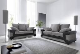 SquareBoxx Luca 3+2 Grey Jumbo Cord Sofa Set With a Modern Black Leather-Effect Trim