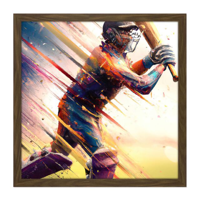 "Artery8 Wall Art Print Cricket Batsman Swings Action Sports Splatter Oil Painting Square Framed Picture 16X16 Inch in Brown - Size: W16"" x H16""" - image 1