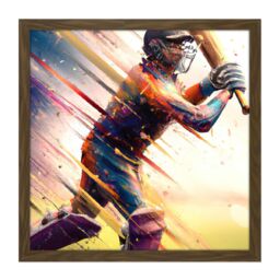 "Artery8 Wall Art Print Cricket Batsman Swings Action Sports Splatter Oil Painting Square Framed Picture 16X16 Inch in Brown - Size: W16"" x H16""" - thumbnail 1